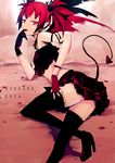  bare_shoulders bat_wings demon_tail disgaea earrings etna fingerless_gloves gloves high_heels highres jewelry las91214 pointy_ears red_eyes red_hair ribbon shoes skirt solo tail thighhighs thighs twintails typo wings 