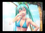  aqua_bikini aqua_eyes aqua_footwear aqua_hair aqua_nails armpits bikini blush breasts closed_eyes commentary_request grin hatsune_miku lens_flare long_hair nail_polish small_breasts smile solo swimsuit twintails upper_body very_long_hair viewfinder vocaloid wokada 