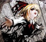  :d azzie_(az_man_studios) bad_id bad_pixiv_id blonde_hair bow fang hair_bow hair_ornament open_mouth outstretched_arms red_eyes rumia smile solo teeth touhou 