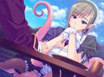  1girl aqua_eyes brown_hair bubuzuke day game_cg gloves maid mamono_musume-tachi_to_no_rakuen_~slime_&amp;_scylla~ mamonomusume_to_no_seikatsu monster_girl outdoors rakisu_meitopasu scylla short_hair sitting tentacles 