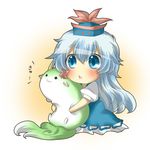  :3 animal animal_hug bad_id bad_pixiv_id blue_dress blue_eyes blue_hair blush chibi dress dual_persona ex-keine hat kamishirasawa_keine kamishirasawa_keine_(hakutaku) open_mouth rebecca_(keinelove) sukusuku_hakutaku touhou 