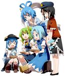  &gt;_&lt; bandages beret black_hair blue_dress blue_eyes blue_hair boots bow bowl child cirno closed_eyes daiyousei dress drooling eating fang finger_to_mouth food fruit gochou_(atemonai_heya) green_eyes green_hair hair_bow hair_ornament hair_ribbon hair_rings hair_stick hand_on_own_cheek hand_on_own_face hat hinanawi_tenshi holding holding_spoon ice ice_wings kaku_seiga lace long_hair long_sleeves miyako_yoshika multiple_girls ofuda open_mouth peach ribbon scarf shawl short_hair side_ponytail simple_background sitting skirt smile soup spoon squatting star stew touhou tree_stump vest white_background white_legwear wings 