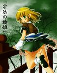  arm_warmers bad_id bad_pixiv_id blonde_hair bridge excel_(shena) green green_eyes highres mary_janes mizuhashi_parsee pointy_ears scarf shoes solo touhou translated tree 