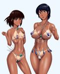  2girls artist_request asou_misaki bare_shoulders beauty_mark bikini black_hair blush breasts dark_skin earrings fatal_frame fatal_frame_4 female hips jewelry large_breasts lipstick looking_at_viewer makeup micro_bikini ml mole multiple_girls navel original shiny shiny_skin short_hair simple_background small_breasts standing swimsuit tan tanline tsukimori_madoka venus_bikini wide_hips 