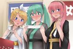  abubu aqua_eyes aqua_hair blonde_hair blue_eyes blush hair_ornament hair_ribbon hairclip hatsune_miku japanese_clothes kagamine_rin kimono long_hair megurine_luka mirror_writing multiple_girls open_mouth ribbon short_hair sweat translated twintails very_long_hair vocaloid 