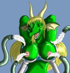  blonde_hair breasts crying dragon feather female green green_body hair horn laugh long_blonde_hair long_hair nipples open_mouth scalie solo tickling ticklishways zp92 