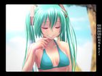  aqua_bikini aqua_eyes aqua_footwear aqua_hair bare_shoulders bikini blurry breasts closed_eyes collarbone commentary_request depth_of_field face grin halterneck hand_to_own_mouth hands hatsune_miku lips long_hair shiny shiny_skin small_breasts smile solo swimsuit tree twintails underboob upper_body very_long_hair viewfinder vocaloid wokada 