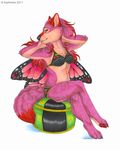  bra butterfly_wings canine clothed clothing female fur hindpaw kashmere looking_at_viewer mammal maraschino panties paws pink_fur sitting skimpy solo underwear wings wolf 