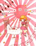  :3 apple asahi_(pamuko) bad_id bad_pixiv_id blush candy chair checkerboard_cookie cookie dice flag_background flower food fork fruit highres japanese_clothes kimono knife konpeitou original rising_sun short_hair sitting solo spoon sunburst table tablecloth tea teapot 