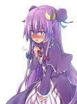  alternate_color bad_id bad_pixiv_id blush book bow bun_cover capelet constricted_pupils crescent crescent_hair_ornament double_bun dress embarrassed hair_ornament long_hair no_hat no_headwear open_mouth oukawa_yuu patchouli_knowledge purple_dress purple_eyes purple_hair robe simple_background solo striped sweatdrop touhou trembling very_long_hair white_background 