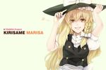  bad_id bad_pixiv_id blonde_hair bow braid character_name hands_on_headwear hands_up hat hwansang kirisame_marisa long_hair simple_background smile solo touhou witch_hat yellow_eyes 
