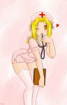  1boy androgynous artist_request bent_over blonde blonde_hair braid clipboard crossdress crossdressing curvy edward_elric flat_chest full_metal_alchemist fullmetal_alchemist heart male minidress nurse nurse_cap pink_background ribbon solo stethoscope thighhighs trap wink yellow_eyes 