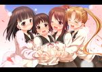  black_hair blonde_hair blush brown_eyes brown_hair cardigan closed_eyes hanawa_kaoru long_hair multiple_girls nukunuku_(hinataboltuko) okazaki_norie one_eye_closed open_mouth ponytail sakurada_maon sawatari_fuu school_uniform serafuku short_hair skirt smile sweater tamayura twintails v 