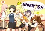  5girls apron arm_up bison_cangshu black_hair black_legwear blonde_hair blush brown_eyes brown_hair crossdressing feeding inami_mahiru katana long_hair multiple_girls open_mouth orange_hair otoko_no_ko pencil_skirt ponytail purple_hair shirafuji_kyouko short_hair skirt spoon sword takanashi_kotori takanashi_souta taneshima_popura thighhighs todoroki_yachiyo tray waitress weapon working!! yamada_aoi 