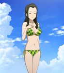  1girl bare_shoulders bikini breasts cloud eyes_closed highres navel screencap sket_dance solo standing stitched swimsuit unyuu_mimori 