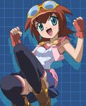  :d amano_madoka ankle_boots armpits bangs belt belt_pouch beyblade black_legwear blue_background blue_eyes boots breasts brown_hair buckle buttons checkered checkered_background clenched_hands crop_top fingerless_gloves gloves goggles goggles_on_head haruyama_kazunori looking_at_viewer metal_fight_beyblade miniskirt open_clothes open_mouth open_vest panties pantyshot pantyshot_(squatting) pouch puffy_short_sleeves puffy_sleeves shadow shirt short_sleeves skirt small_breasts smile solo spiked_hair squatting thighhighs underwear upskirt vest white_panties 
