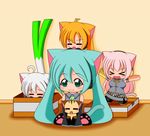  :3 akita_neru animal_ears aqua_eyes aqua_hair cat cat_ears cat_tail chibi detached_sleeves fang hatsune_miku long_hair megurine_luka multiple_girls spring_onion suzunonaruki tail twintails vocaloid yowane_haku 