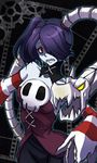  arinko_(arin_pv) blue_hair blue_skin bone breasts corset detached_collar detached_sleeves dress film_strip hair_over_one_eye leviathan_(skullgirls) looking_at_viewer medium_breasts prehensile_hair purple_hair red_eyes scrunchie side_ponytail sideboob skull skullgirls squigly_(skullgirls) stitched_mouth stitches striped_sleeves zombie 
