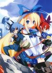  2girls :p blonde_hair blue_eyes blue_hair bow disgaea dress_shirt earrings etna flonne gakuran grin hair_bow hug jewelry laharl long_hair long_sleeves multiple_girls official_art outdoors pointy_ears prinny red_eyes red_hair scan school_uniform shirt short_hair skirt smile tongue tongue_out twintails yamamoto_keiji 