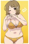  bad_id bad_pixiv_id blush breasts brown_eyes cleavage flower hair_ornament hairclip heart heart_hands hisakawa_riho idolmaster idolmaster_cinderella_girls large_breasts mimura_kanako navel one_eye_closed plump smile solo 