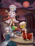  bad_id bad_pixiv_id bat_wings cloud crossed_legs flandre_scarlet full_moon hat highres izayoi_sakuya jinyuan712 maid maid_headdress moon multiple_girls night outstretched_arm pocket_watch red_moon remilia_scarlet short_hair sitting stairs touhou watch wings 