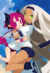  :o ass bat_wings buruma demon_girl disgaea green_eyes gym_uniform hairband harada_takehito horns hug long_hair makai_senki_disgaea_3 multiple_girls official_art outdoors pink_eyes pink_hair pointy_ears raspberyl sapphire_rhodonite shoes sneakers symbol_in_eye tail wings wristband 