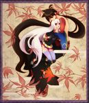  1girl brown_eyes brown_hair couple height_difference hetero highres hug katanagatari kawamura_raichi leaf long_hair maple_leaf ponytail red_eyes sandals smile thighhighs togame topless very_long_hair white_hair yasuri_shichika zettai_ryouiki 