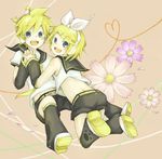  1girl blonde_hair blue_eyes brother_and_sister flower graphite_(medium) hair_ribbon headphones heart heart_of_string holding_hands interlocked_fingers kadokoa kagamine_len kagamine_rin looking_back mixed_media open_mouth ribbon short_hair shorts siblings smile traditional_media twins vocaloid 