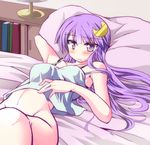  arm_behind_head bad_id bad_pixiv_id bed bed_sheet blush book bottomless breasts camisole crescent crescent_hair_ornament groin hair_ornament hizuki_arata long_hair lying medium_breasts navel no_nose on_back on_bed patchouli_knowledge pillow purple_eyes purple_hair solo touhou underwear underwear_only 