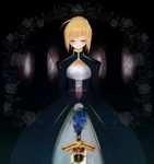  ahoge artoria_pendragon_(all) bad_id bad_pixiv_id blonde_hair blue_flower blue_rose closed_eyes copyright_name dress excalibur fate/stay_night fate/zero fate_(series) flower potako rose saber solo sword weapon 