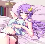  arm_behind_head bad_id bad_pixiv_id bed bed_sheet blush book breasts camisole crescent crescent_hair_ornament groin hair_ornament hizuki_arata long_hair lying medium_breasts navel no_nose on_back on_bed open_clothes open_shorts patchouli_knowledge pillow purple_eyes purple_hair shorts solo touhou 