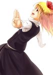  bad_id bad_pixiv_id blonde_hair dutch_angle fang foreshortening from_behind hands looking_back nishiuri outstretched_arms profile rumia sideways_mouth simple_background smile solo spread_arms touhou white_background 