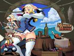 barioth_(armor) blonde_hair blue_eyes bouncing_breasts breasts covered_nipples dixie_cup_hat felyne food hat highres large_breasts legs meat military_hat monster_hunter monster_hunter_3_g multiple_girls panties pantyshot quest_receptionist_(monster_hunter_3_ultimate) salute smile spread_legs sword thick_thighs thighhighs thighs torashiro_eiji underwear weapon white_legwear white_panties 