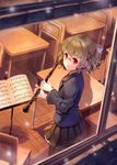  banned_artist braid brown_hair clarinet classroom from_outside glasses half_updo instrument looking_at_viewer original pantyhose paseri red_eyes school_uniform snowing solo window 