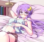  arm_behind_head bad_id bad_pixiv_id bed bed_sheet bespectacled blush book breasts camisole crescent crescent_hair_ornament glasses groin hair_ornament hizuki_arata long_hair lying medium_breasts navel no_nose on_back on_bed open_clothes open_shorts patchouli_knowledge pillow purple_eyes purple_hair shorts solo touhou 