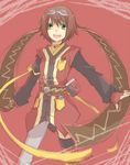  bad_id bad_pixiv_id brown_hair fingerless_gloves gloves goggles green_eyes kawamura_raichi open_mouth red_background rita_mordio scroll short_hair solo tales_of_(series) tales_of_vesperia 