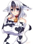  animal_ears animal_print bare_shoulders bell bell_collar blue_eyes blush breasts collar cow_bell cow_ears cow_girl cow_print cow_tail cuara_pain konshin large_breasts multicolored_hair original short_hair smile solo tail two-tone_hair 