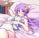  arm_behind_head bad_id bad_pixiv_id bed bed_sheet bespectacled blush book bottomless breasts camisole crescent crescent_hair_ornament glasses groin hair_ornament hizuki_arata long_hair lying medium_breasts navel no_nose on_back on_bed patchouli_knowledge pillow purple_eyes purple_hair solo touhou underwear underwear_only 