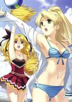  absurdres armpits atelier_(series) atelier_marie ball beach beachball bikini blonde_hair blue_bikini blue_eyes bow breasts cheerleader cleavage cloud collarbone cross_edge crossover day earrings front-tie_top green_eyes hair_bow highres hirano_katsuyuki jacket jewelry liliane_vehlendorf long_hair long_sleeves mana_khemia_(series) mana_khemia_2 marie_(atelier) multiple_girls navel official_art open_clothes open_mouth outdoors pom_poms ponytail skirt sky small_breasts striped striped_bikini striped_swimsuit swimsuit 