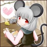  animal_ears bad_id bad_pixiv_id cake capelet cheese cheesecake cocozasa dress food grey_hair heart mouse mouse_ears mouse_tail nazrin plate red_eyes ribbon short_hair sitting smile solo tail touhou ufo 