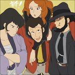  3boys arsene_lupin_iii beard belt black_hair black_jacket black_neckwear brown_hair cigarette collarbone crossed_arms everyone facial_hair formal hat hug hug_from_behind ishikawa_goemon_xiii jacket jigen_daisuke lupin_iii mine_fujiko multiple_boys necktie open_mouth raised_eyebrow red_jacket suit sweatdrop teeth yellow_neckwear zyunya 