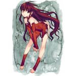  barefoot bent_over collar kuro_(kurokami) kurokami long_hair park_sung_woo red_eyes red_hair solo 