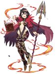  1girl absurdres black_hair book commission ebinku fire fire_emblem fire_emblem:_kakusei fire_emblem_echoes:_mou_hitori_no_eiyuuou flame full_body hair_ornament high_heels highres holding_polearm long_sleeves mark_(female)_(fire_emblem) mark_(fire_emblem) navel nintendo open_book open_mouth polearm short_hair simple_background solo weapon white_background 