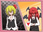  :&lt; :d ascot bags_under_eyes bat_wings blonde_hair blush broken cat-ma checkered checkered_background cigarette collarbone constricted_pupils dress_shirt dropping eyebrows eyelashes gradient gradient_background hair_over_eyes hand_on_own_stomach happy head_wings heart koakuma long_hair long_sleeves multiple_girls older open_mouth red_hair rumia shirt short_hair skirt skirt_set smile split_screen spoken_heart sweat thick_eyebrows touhou unbuttoned untucked vest wings yuri 