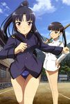  absurdres black_hair brown_eyes cloud day eyepatch hand_on_hip hattori_shizuka highres legs long_hair magazine_scan multiple_girls newtype non-web_source official_art ponytail sakamoto_mio scan school_swimsuit shinai sky strike_witches swimsuit swimsuit_under_clothes sword tamura_masafumi weapon world_witches_series 