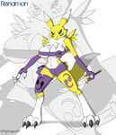  blue_eyes breasts canine claws clothed clothing digimon facial_markings female fox fur gloves knife mammal markings midriff navel reagan700 renamon shorts shuriken skimpy solo weapon yellow yellow_fur zoom_layer 