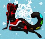  blue_eyes body_markings breasts cheetah christmas colormeviolet ear_piercing earring feline female heterochromia holidays lupa mammal markings nipples piercing pinup pose rainbow_fur skirt solo unknown_species xmas 