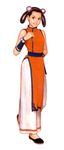  baggy_pants bare_shoulders bell braid brown_hair china_dress chinese_clothes dress fatal_fury hair_bell hair_ornament hair_rings li_xiangfei mori_toshiaki official_art pants sash slippers smile solo the_king_of_fighters the_king_of_fighters_'99 twin_braids vambraces 