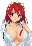  artist_request blush breasts cecily_cambell cleavage covered_nipples headdress highres large_breasts long_hair no_bra non-web_source open_clothes open_shirt red_eyes red_hair seiken_no_blacksmith shirt simple_background solo undressing white_background 