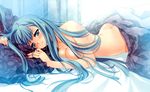  absurdres afterglow ass blanket blue_eyes blue_hair blush breast_press breasts butt_crack carnelian cleavage convenient_arm highres huge_filesize long_hair looking_at_viewer lying medium_breasts naked_sheet nude para-sol parted_lips pillow solo yatabe_noa 
